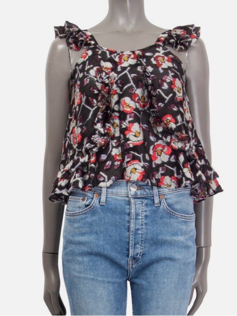 Isabel Marant Black Floral Ruffle Camisole with Pink & Cream Accents